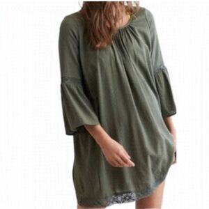 Aerie Cotton Blend Olive Boho Crocheted Cottagecore Tunic Dress Bell Sleeves
